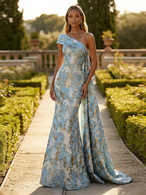 Jacquard One Shoulder Mermaid Ruffles Floral Pleated Formal Dresses
