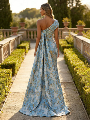 Jacquard One Shoulder Mermaid Ruffles Floral Pleated Formal Dresses