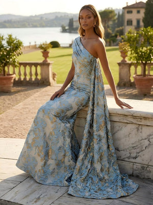 Jacquard One Shoulder Mermaid Ruffles Floral Pleated Formal Dresses