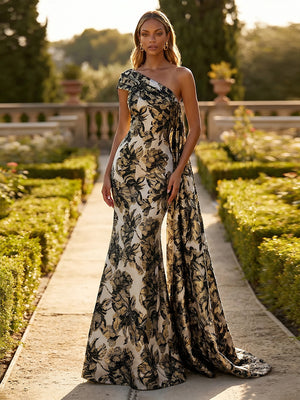 Jacquard One Shoulder Mermaid Ruffles Floral Pleated Formal Dresses