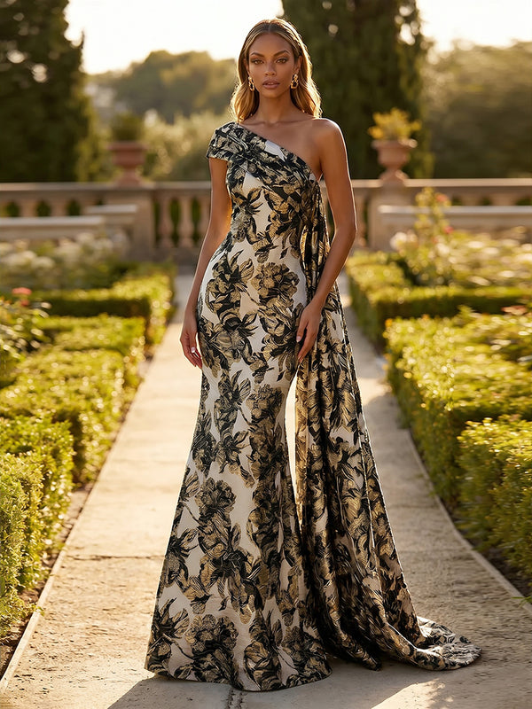 Jacquard One Shoulder Mermaid Ruffles Floral Pleated Formal Dresses