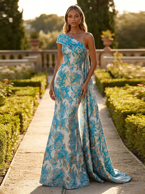 Jacquard One Shoulder Mermaid Ruffles Floral Pleated Formal Dresses