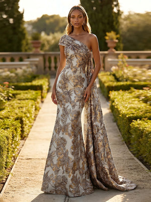 Jacquard One Shoulder Mermaid Ruffles Floral Pleated Formal Dresses