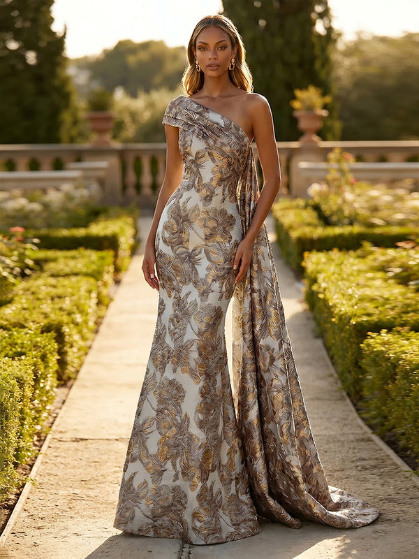 Jacquard One Shoulder Mermaid Ruffles Floral Pleated Formal Dresses