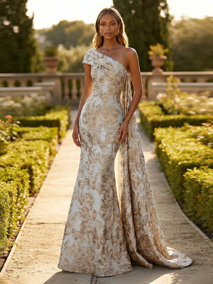 Jacquard One Shoulder Mermaid Ruffles Floral Pleated Formal Dresses