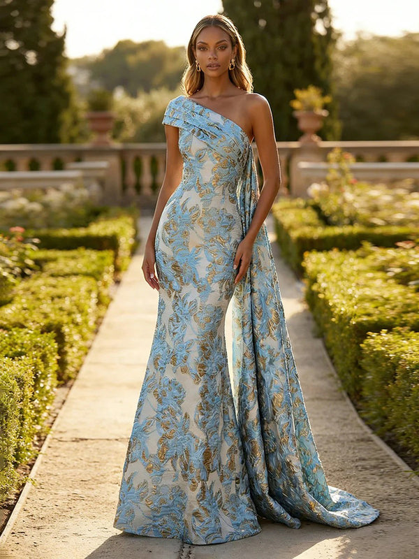 Jacquard One Shoulder Mermaid Ruffles Floral Pleated Formal Dresses