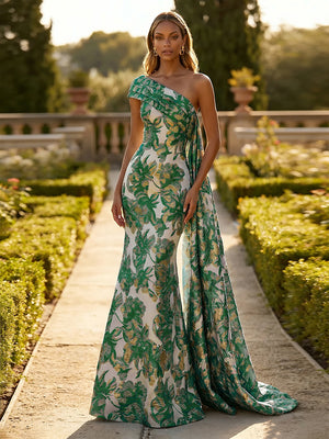 Jacquard One Shoulder Mermaid Ruffles Floral Pleated Formal Dresses