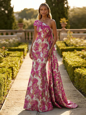 Jacquard One Shoulder Mermaid Ruffles Floral Pleated Formal Dresses