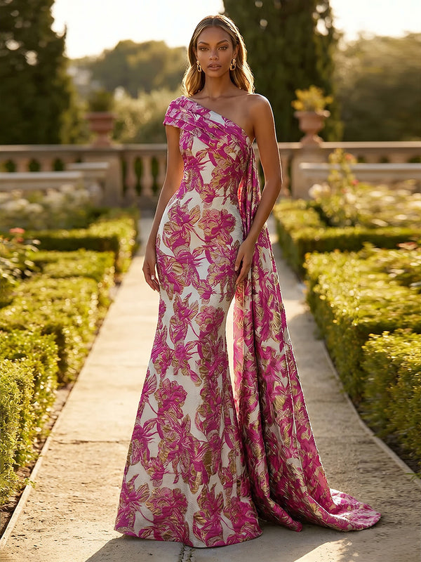 Jacquard One Shoulder Mermaid Ruffles Floral Pleated Formal Dresses