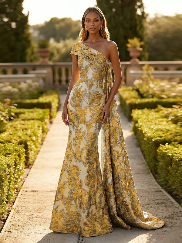 Jacquard One Shoulder Mermaid Ruffles Floral Pleated Formal Dresses