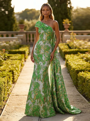Jacquard One Shoulder Mermaid Ruffles Floral Pleated Formal Dresses