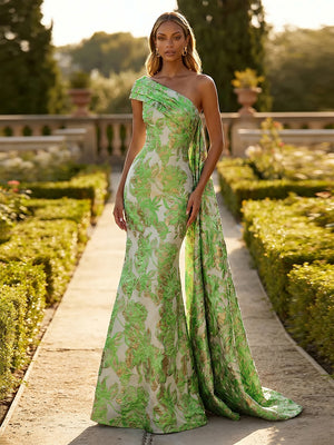 Jacquard One Shoulder Mermaid Ruffles Floral Pleated Formal Dresses