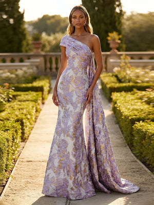 Jacquard One Shoulder Mermaid Ruffles Floral Pleated Formal Dresses