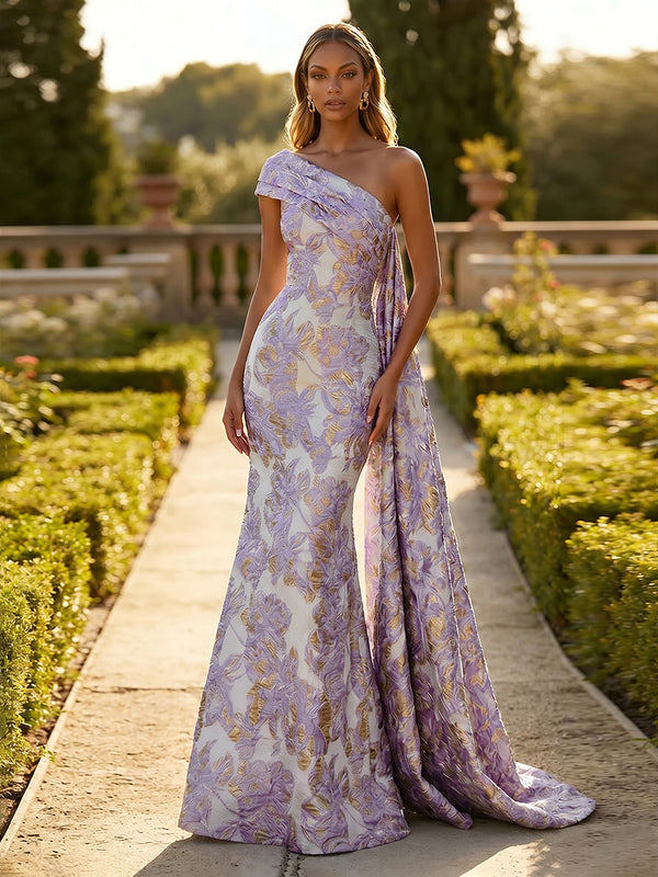 Jacquard One Shoulder Mermaid Ruffles Floral Pleated Formal Dresses