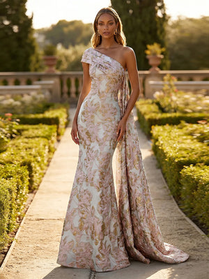 Jacquard One Shoulder Mermaid Ruffles Floral Pleated Formal Dresses