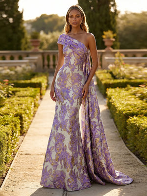 Jacquard One Shoulder Mermaid Ruffles Floral Pleated Formal Dresses