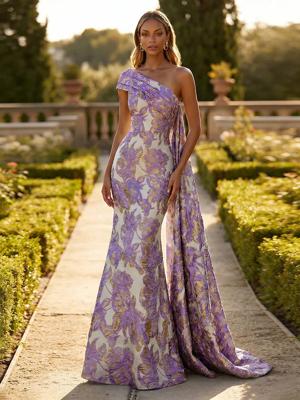 Jacquard One Shoulder Mermaid Ruffles Floral Pleated Formal Dresses