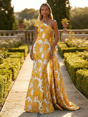 Jacquard One Shoulder Mermaid Ruffles Floral Pleated Formal Dresses