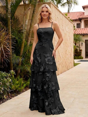 Spaghetti Straps Square Neck Layered Ruffles Floral Formal Dresses