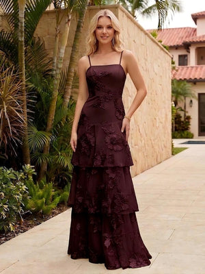 Spaghetti Straps Square Neck Layered Ruffles Floral Formal Dresses