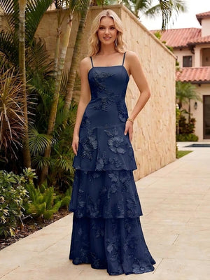 Spaghetti Straps Square Neck Layered Ruffles Floral Formal Dresses