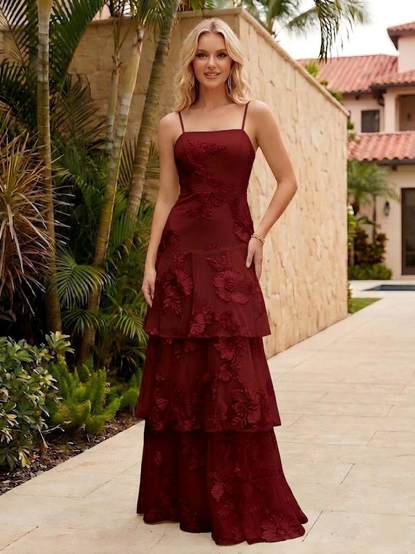 Spaghetti Straps Square Neck Layered Ruffles Floral Formal Dresses