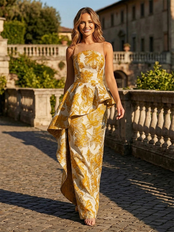 Jacquard A Line Strapless Floor Length Evening Dresses