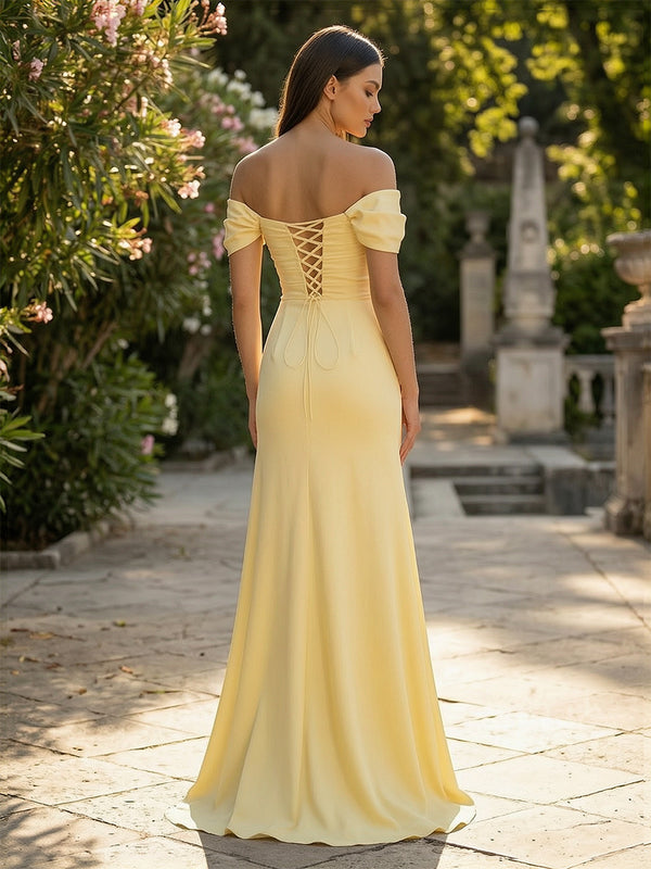 Satin A Line Off the Shoulder Floor Length Formal Dresses