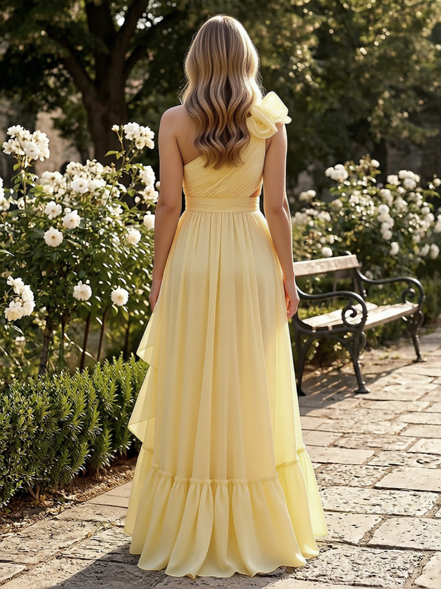 Tulle A Line One Shoulder Floor Length Formal Dresses