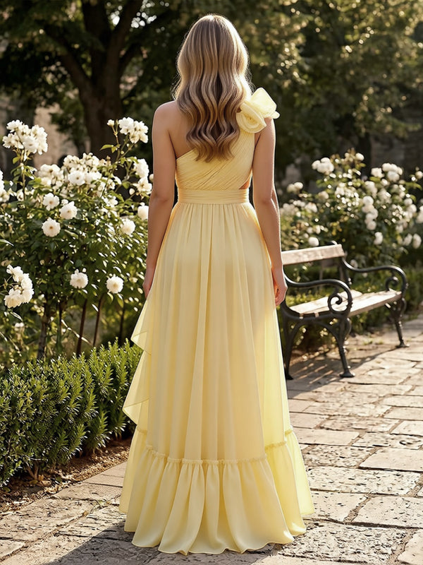Tulle A Line One Shoulder Floor Length Formal Dresses