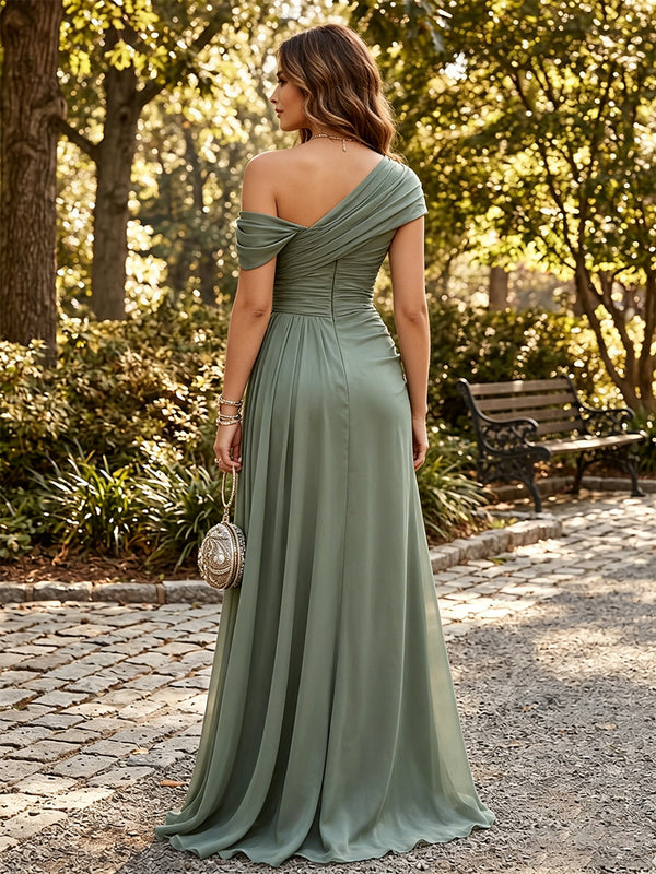 Chiffon A Line One Shoulder Side Slit Formal Dresses