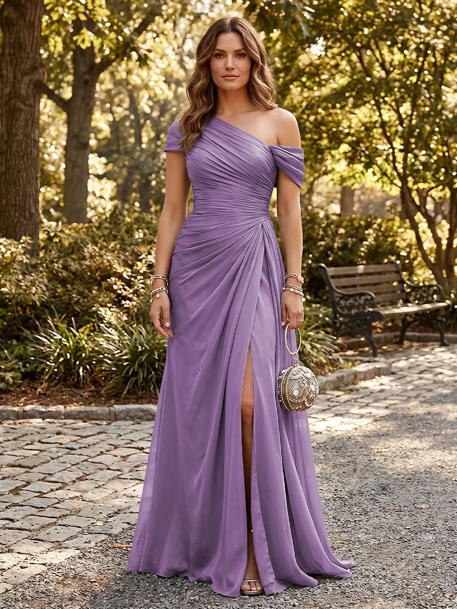 Chiffon A Line One Shoulder Side Slit Formal Dresses