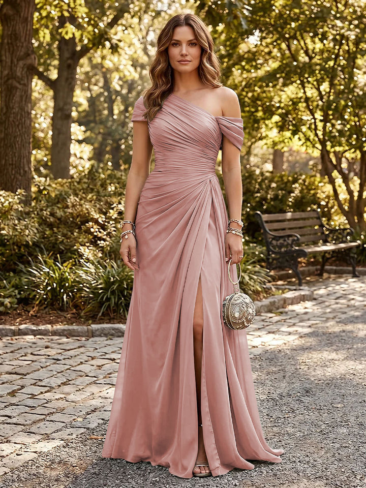Chiffon A Line One Shoulder Side Slit Formal Dresses