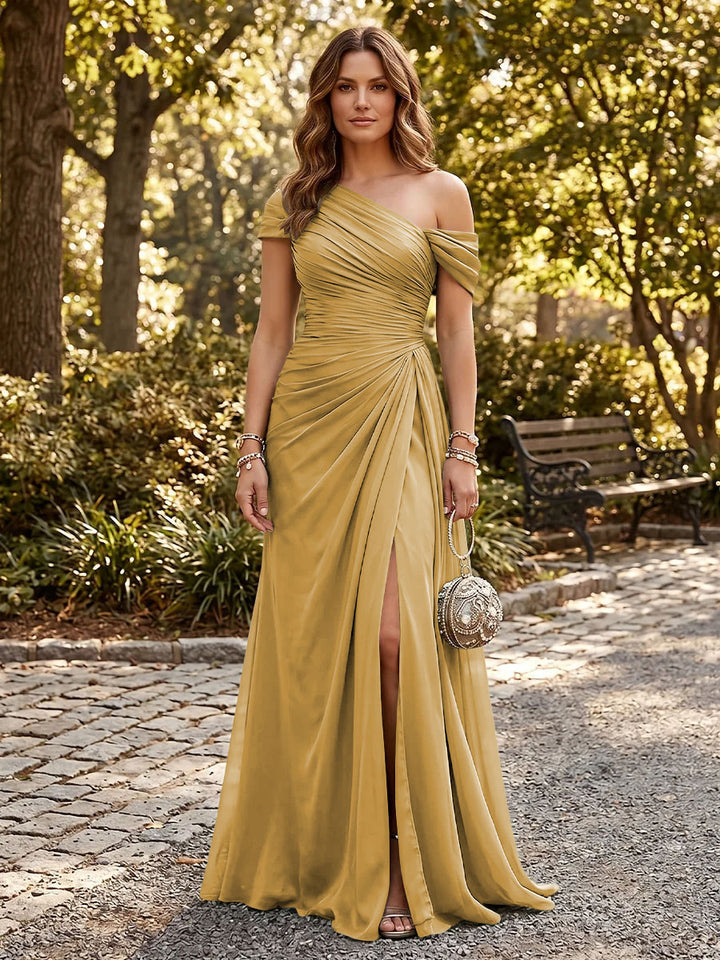 Chiffon A Line One Shoulder Side Slit Formal Dresses