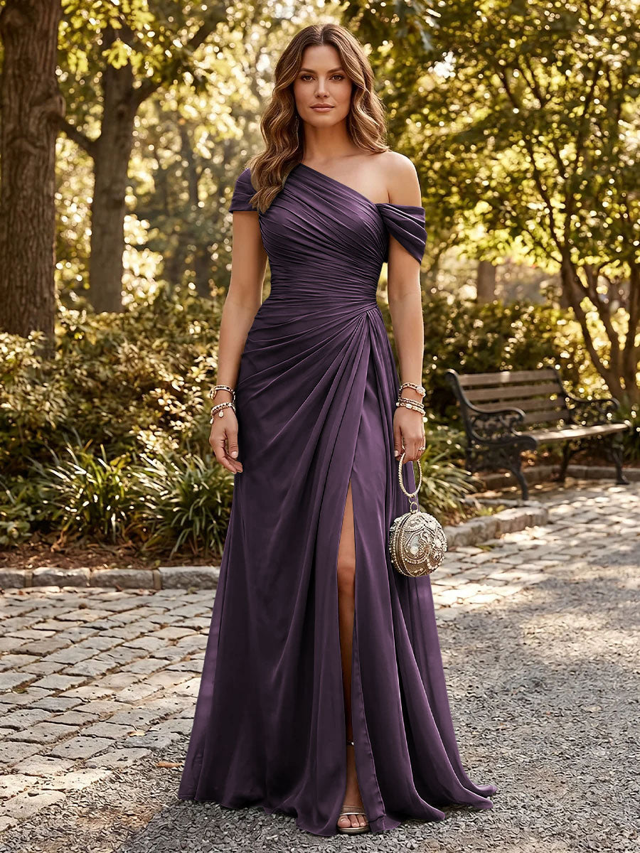 Chiffon A Line One Shoulder Side Slit Formal Dresses