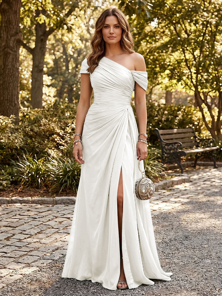 Chiffon A Line One Shoulder Side Slit Formal Dresses