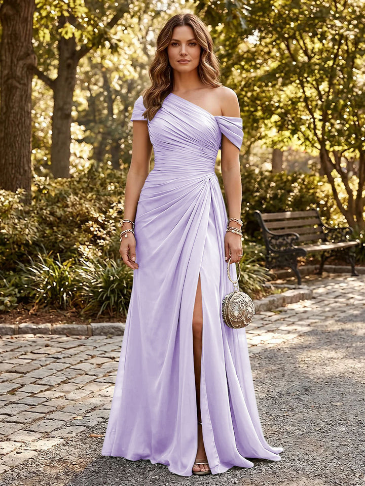 Chiffon A Line One Shoulder Side Slit Formal Dresses