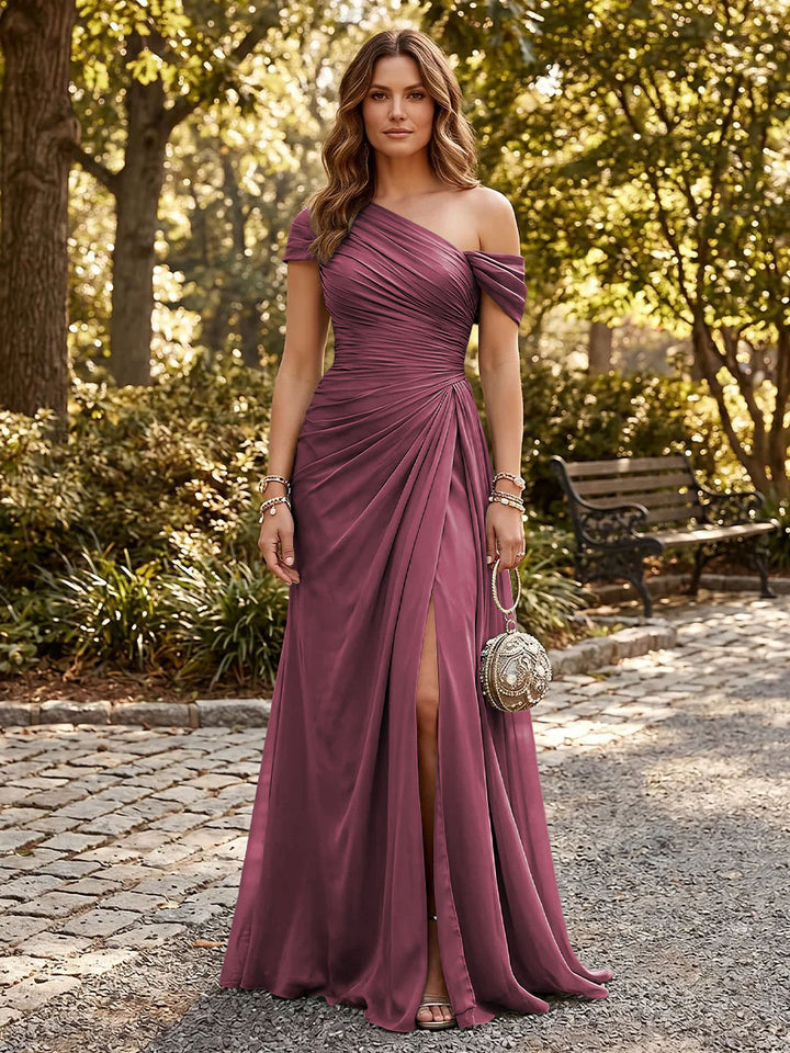 Chiffon A Line One Shoulder Side Slit Formal Dresses