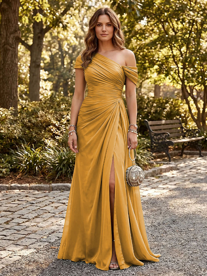 Chiffon A Line One Shoulder Side Slit Formal Dresses