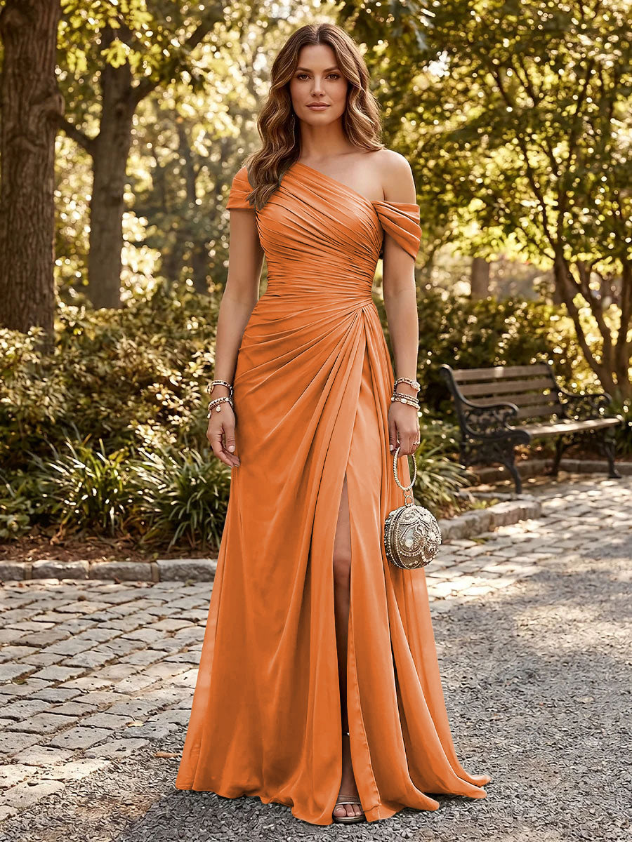 Chiffon A Line One Shoulder Side Slit Formal Dresses