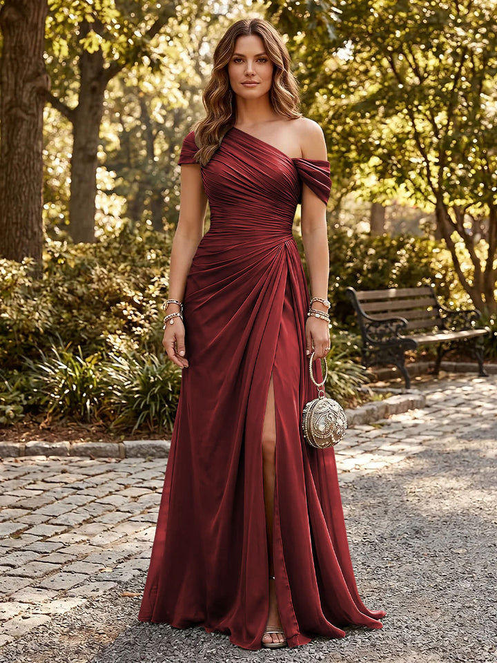 Chiffon A Line One Shoulder Side Slit Formal Dresses