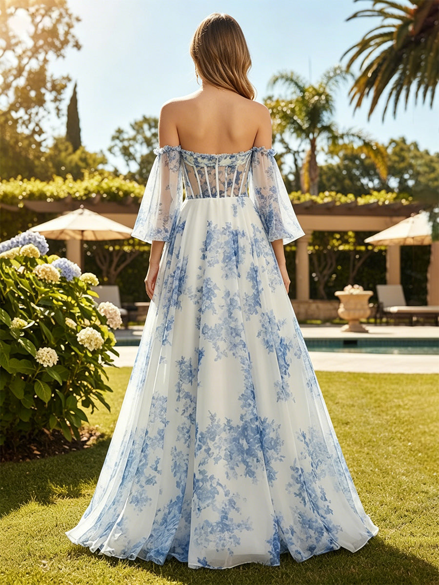 Tulle Off the Shoulder A Line Floral Formal Dresses