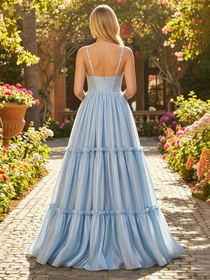 Tulle A Line V Neck Corset Formal Dresses