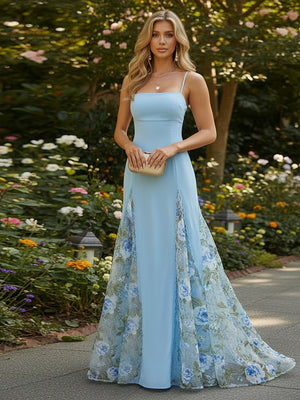 Satin A Line Square Neck Floral Embroidery Formal Dresses