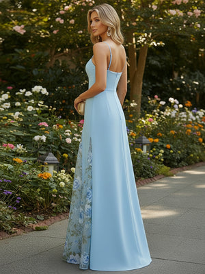 Satin A Line Square Neck Floral Embroidery Formal Dresses