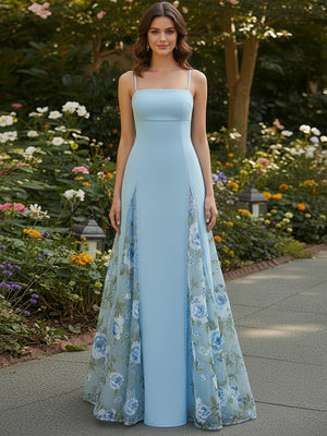 Satin A Line Square Neck Floral Embroidery Formal Dresses