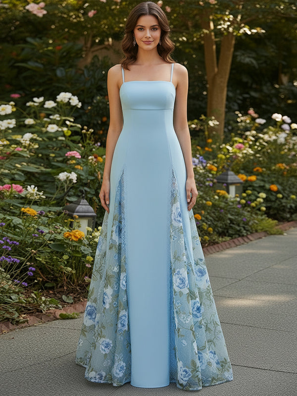Satin A Line Square Neck Floral Embroidery Formal Dresses