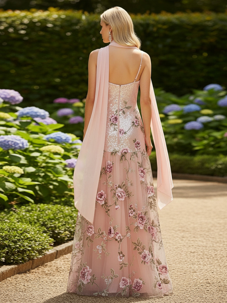 Tulle A Line Scarf  V Neck Pleated Formal Dresses