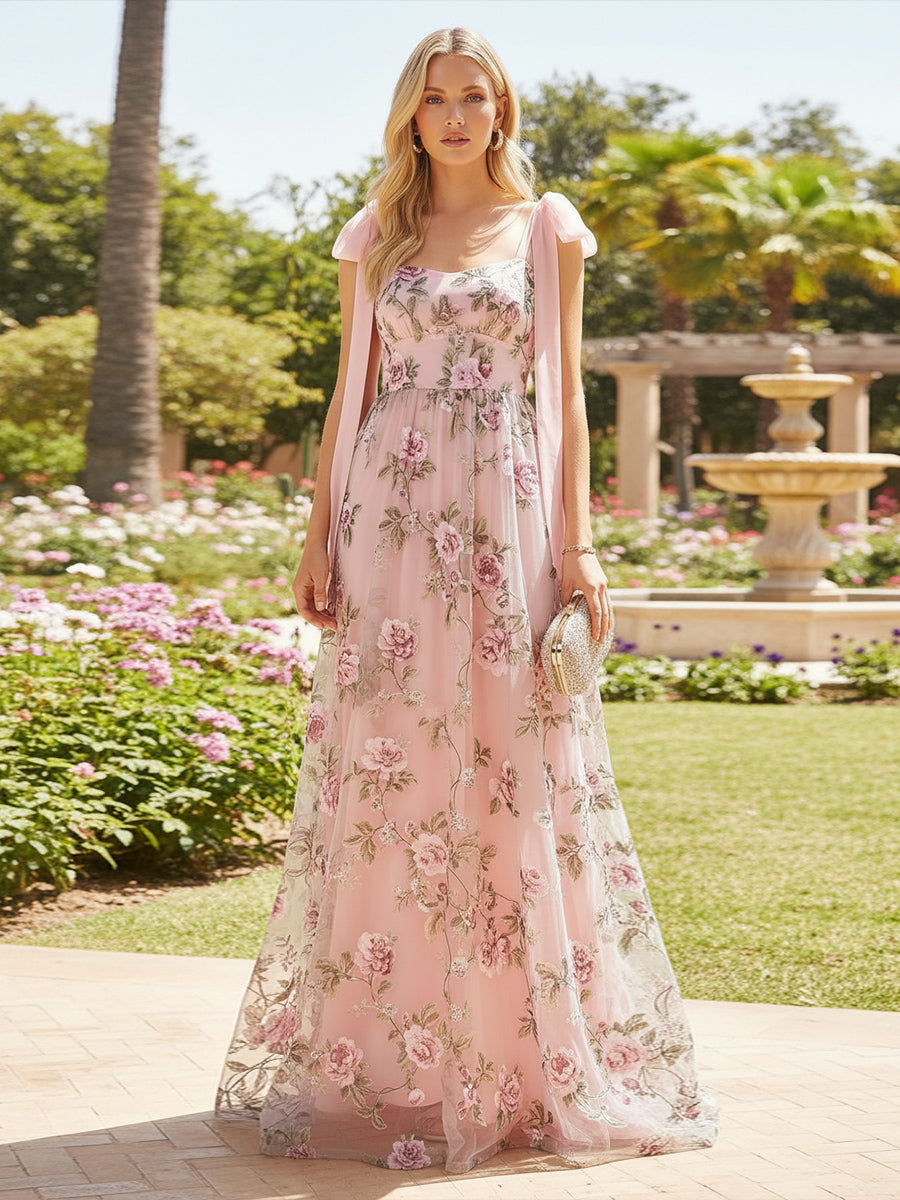 Tulle A Line Square Neck Pleats Formal Dresses