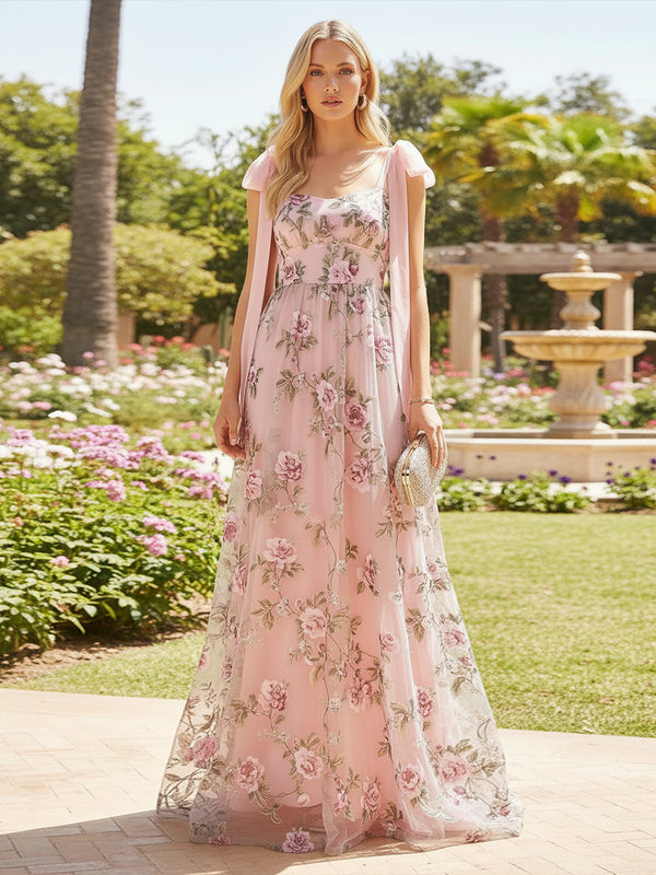 Tulle A Line Square Neck Pleats Formal Dresses